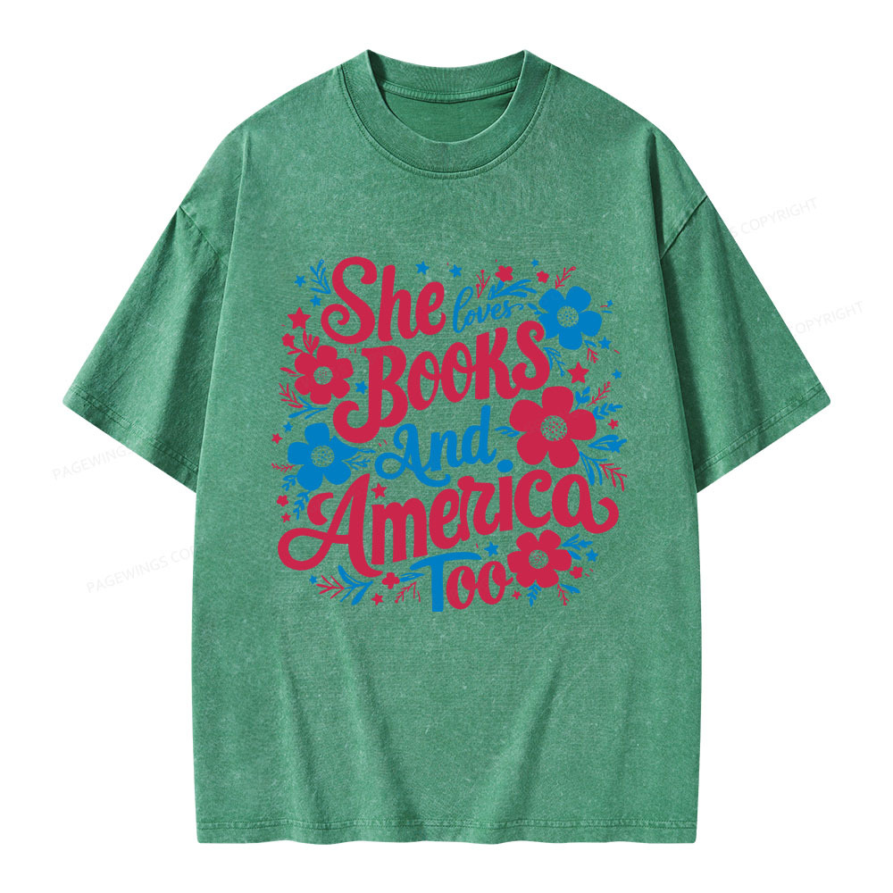 Pagewings She Loves Books And America Too Unisex Washed T-shirt