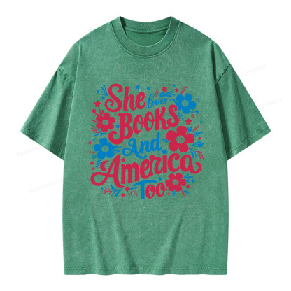 Pagewings She Loves Books And America Too Unisex Washed T-shirt