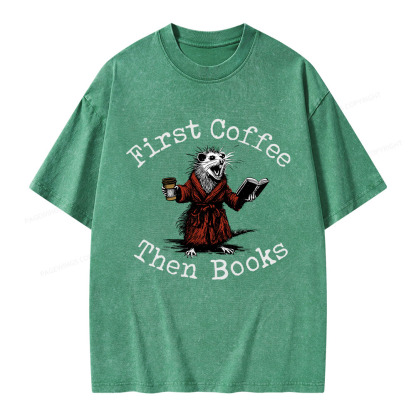 Pagewings First Coffee Then Books Unisex Washed T-shirt