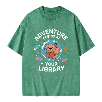 Pagewings Adventure Begins At Your Library Unisex Washed T-shirt