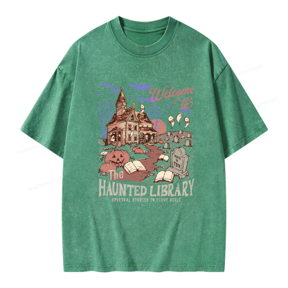 Pagewings Welcome To The Haunted Library Unisex Washed T-shirt
