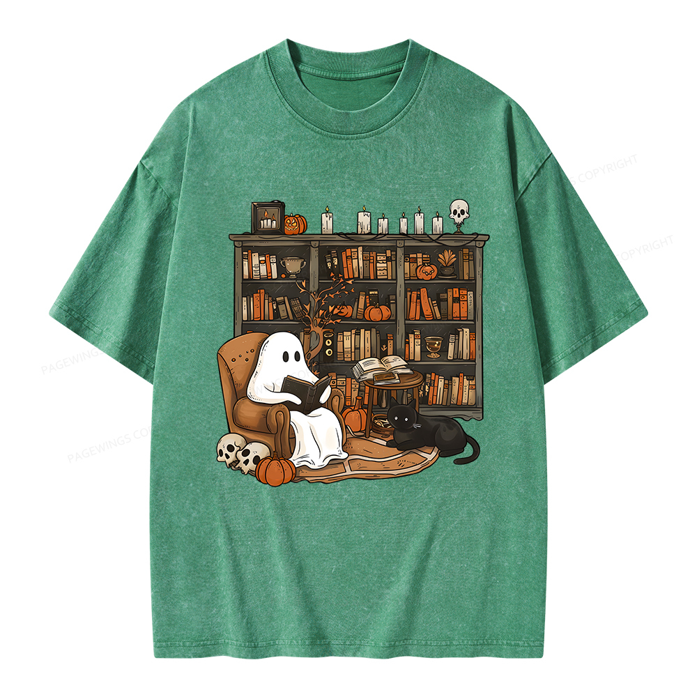 Pagewings Halloween Ghost Reading Books Unisex Washed T-shirt
