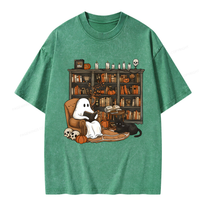 Pagewings Halloween Ghost Reading Books Unisex Washed T-shirt