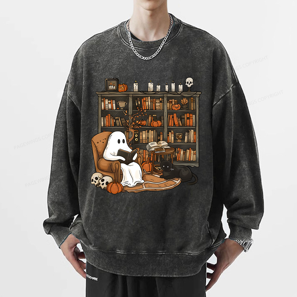 Pagewings Halloween Ghost Reading Books Unisex Washed Sweatshirt