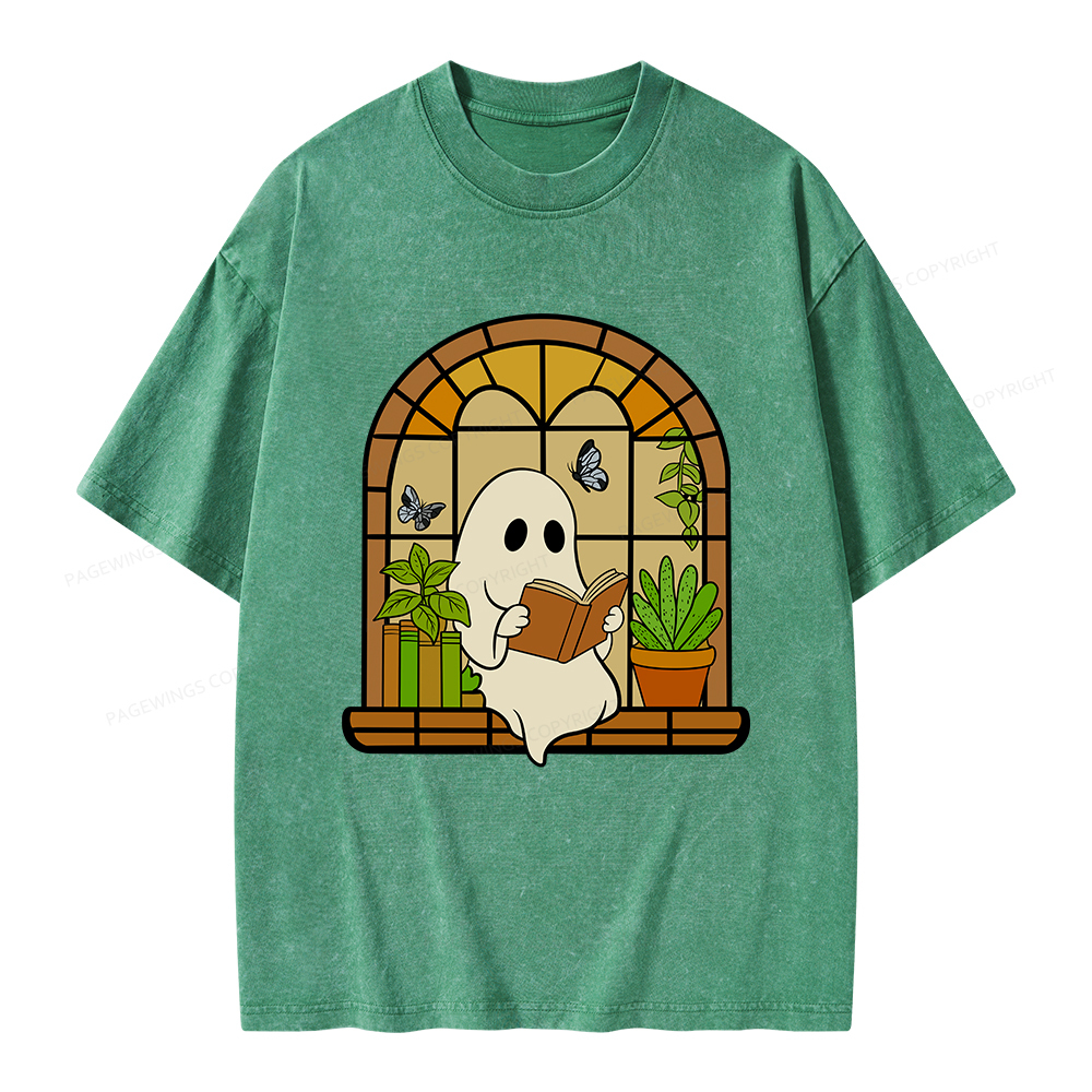 Pagewings Ghost Reading Book Halloween Unisex Washed T-shirt