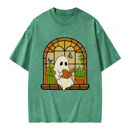 Pagewings Ghost Reading Book Halloween Unisex Washed T-shirt