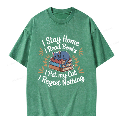 Pagewings I Stay Home I Read Books I Pet My Cat Unisex Washed T-shirt