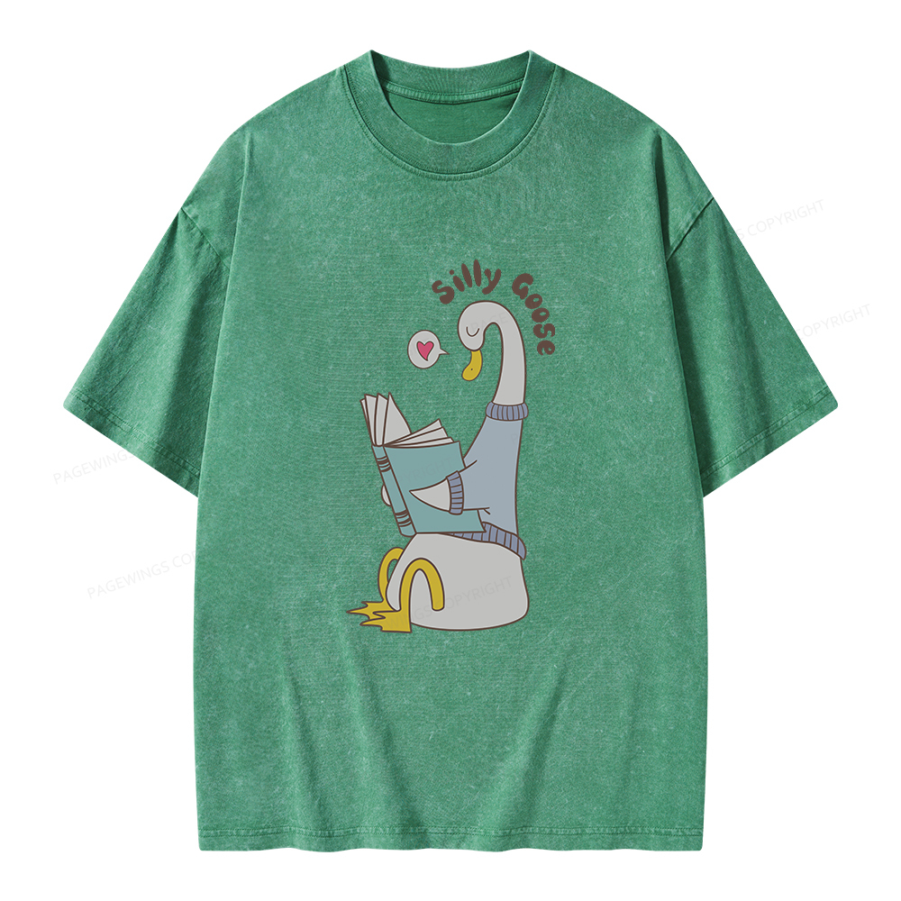 Pagewings Cute Silly Goose Reading Book Unisex Washed T-shirt