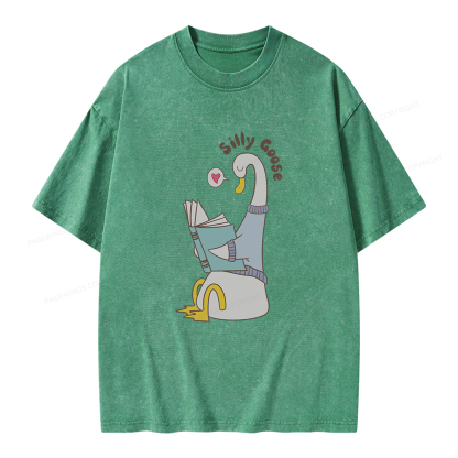 Pagewings Cute Silly Goose Reading Book Unisex Washed T-shirt