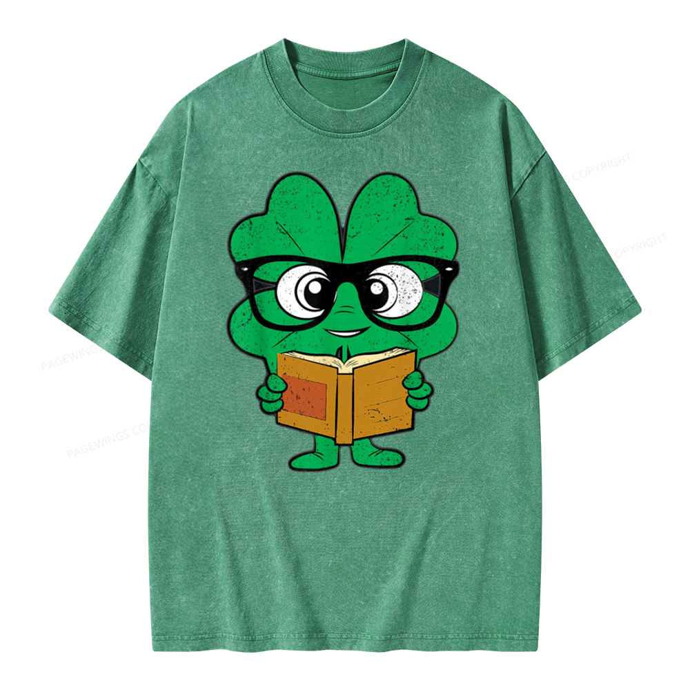 Pagewing Shamrock Reading Books St Patricks Day Unisex Washed T-shirt