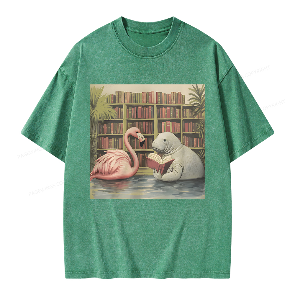 Pagewings Flamingo & Manatee Reading Book Unisex Washed T-shirt