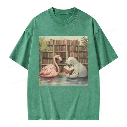Pagewings Flamingo & Manatee Reading Book Unisex Washed T-shirt