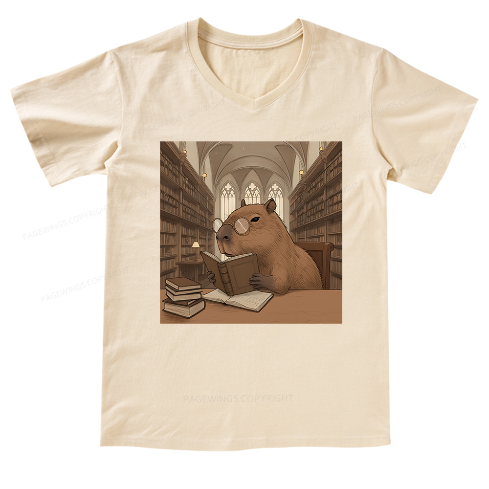 Pagewings The Reader Capybara V-neck T-shirt