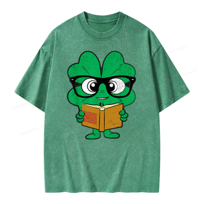 Pagewing Shamrock Reading Books St Patricks Day Unisex Washed T-shirt