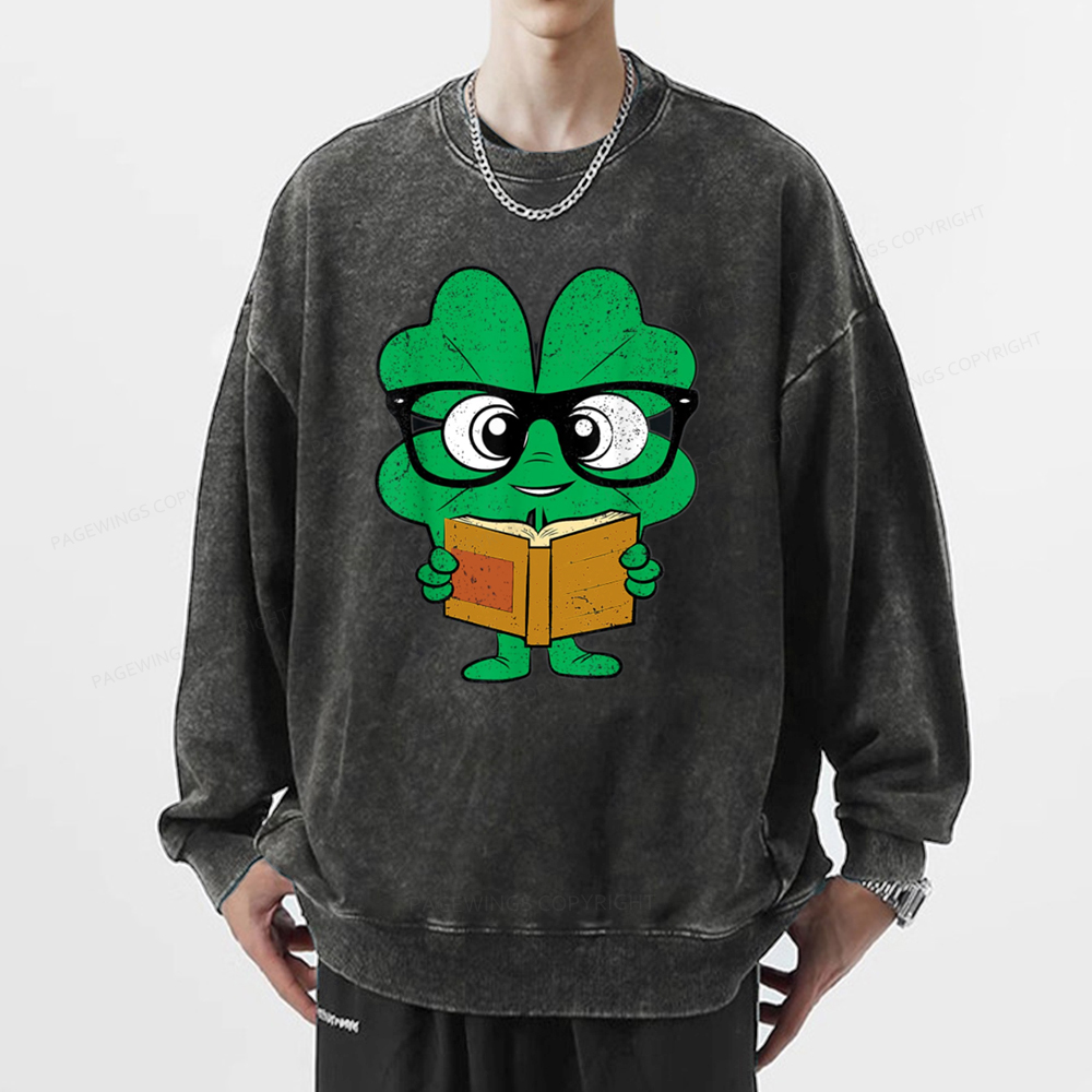 Pagewing Shamrock Reading Books St Patricks Day Unisex Washed Sweatshirt