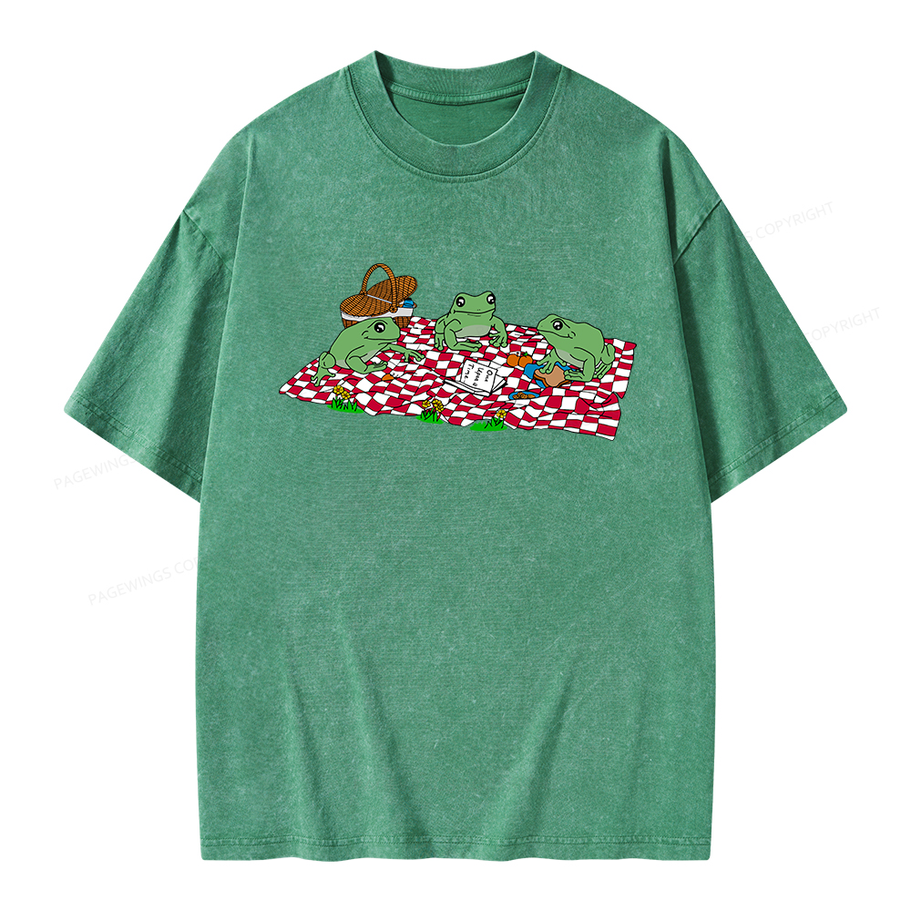 Pagewings Frog Picnic Book Summer Unisex Washed T-shirt