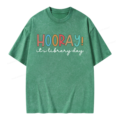 Pagewings Hooray It's Library Day Unisex Washed T-shirt