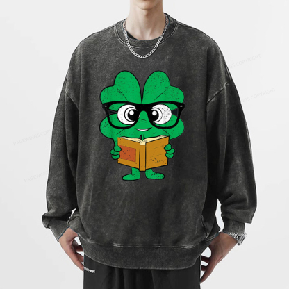 Pagewing Shamrock Reading Books St Patricks Day Unisex Washed Sweatshirt