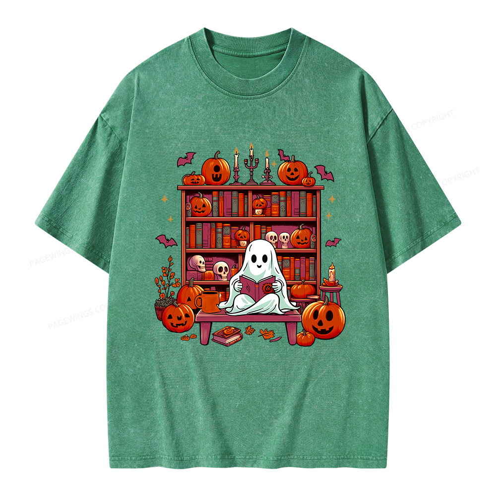 Pagewings Ghost Book Reader  Unisex Washed T-shirt