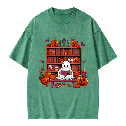 Pagewings Ghost Book Reader  Unisex Washed T-shirt