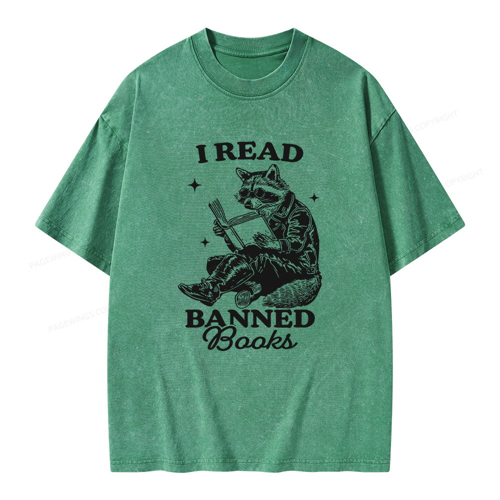 Pagewings I Read Banned Books Raccoon Reading Unisex Washed T-shirt