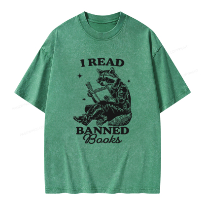 Pagewings I Read Banned Books Raccoon Reading Unisex Washed T-shirt