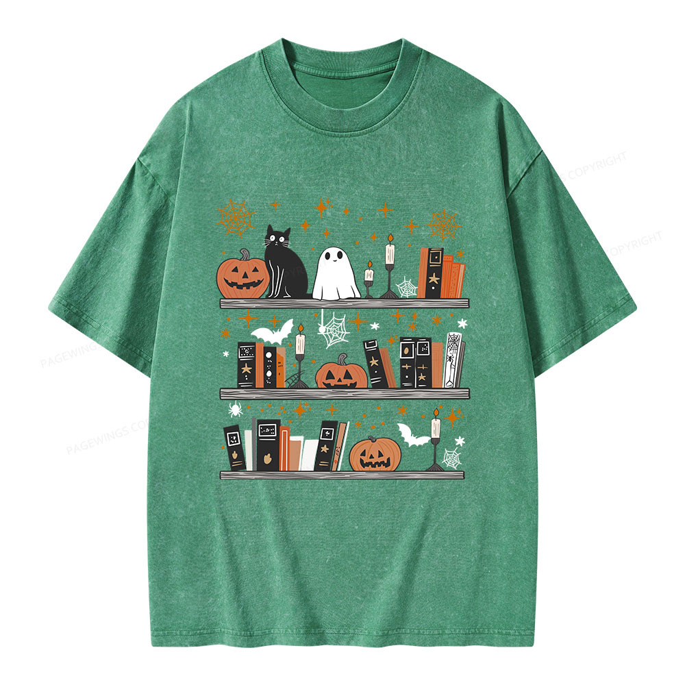 Pagewings Halloween Book Shelf Summerween Unisex Washed T-shirt