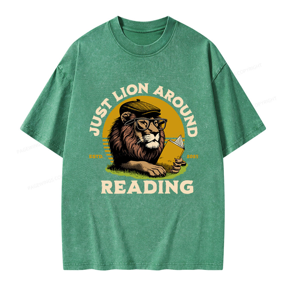 Pagewings Just Lion Around Reading Unisex Washed T-shirt