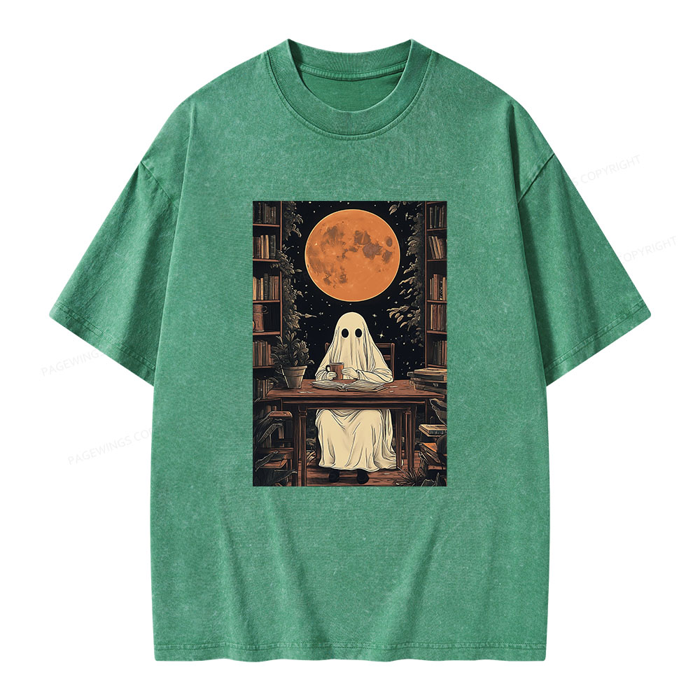 Pagewings Halloween Ghost Books Coffee  Unisex Washed T-shirt
