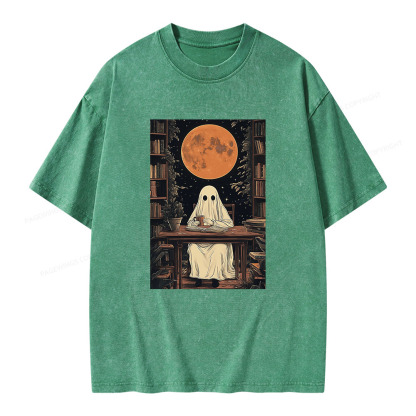 Pagewings Halloween Ghost Books Coffee  Unisex Washed T-shirt