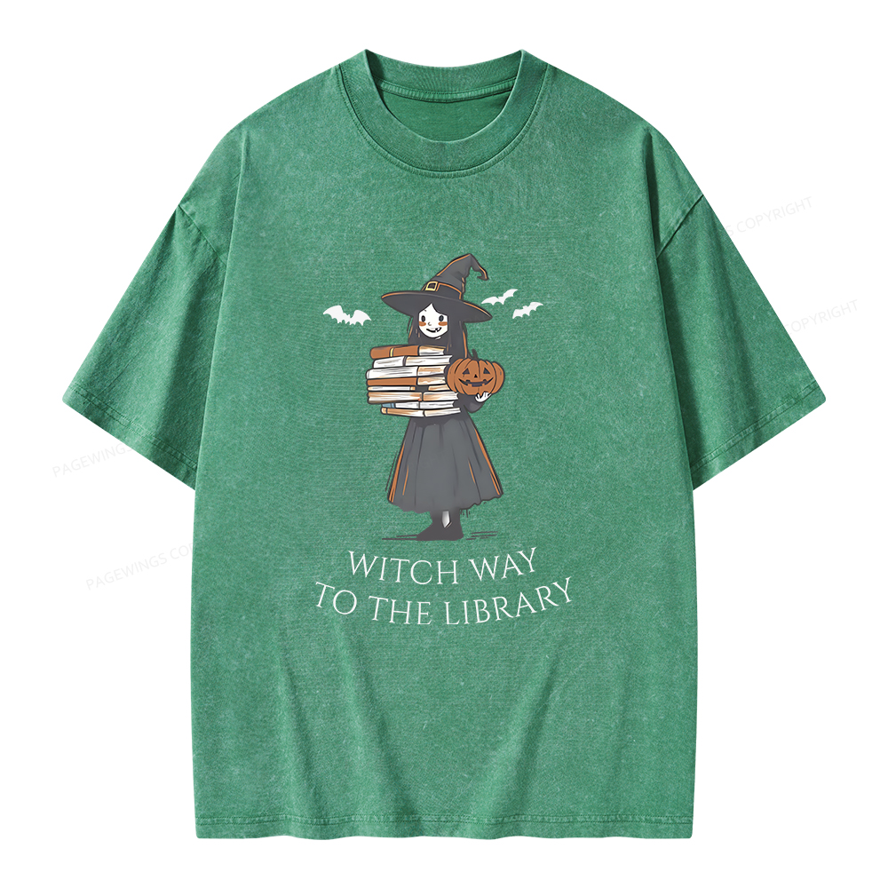 Pagewings Witch Way To The Library Halloween Unisex Washed T-shirt