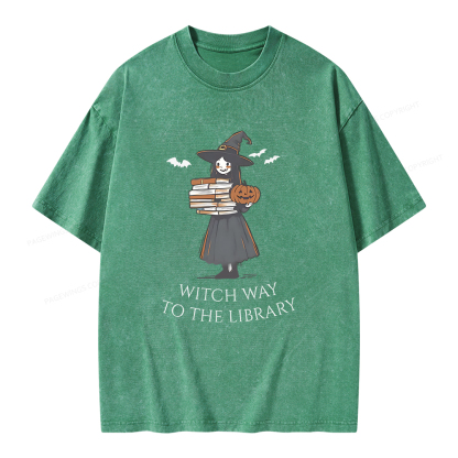 Pagewings Witch Way To The Library Halloween Unisex Washed T-shirt