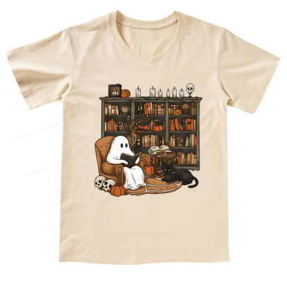 Pagewings Halloween Ghost Reading Books V-neck T-shirt