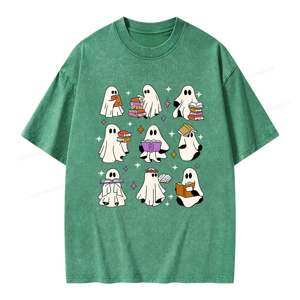Pagewings Ghost Reading Books Unisex Washed T-shirt