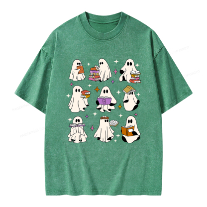 Pagewings Ghost Reading Books Unisex Washed T-shirt