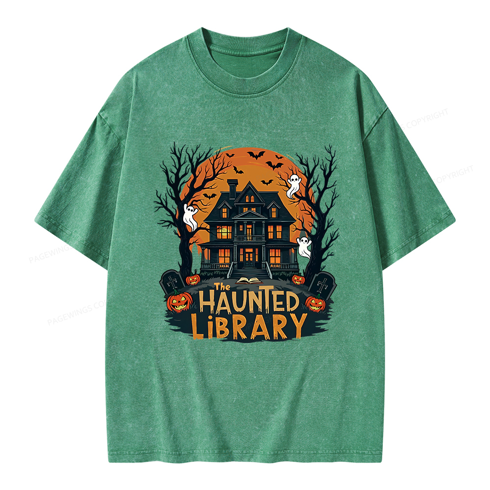 Pagewings Haunted Library Halloween Unisex Washed T-shirt