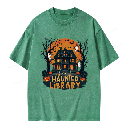 Pagewings Haunted Library Halloween Unisex Washed T-shirt