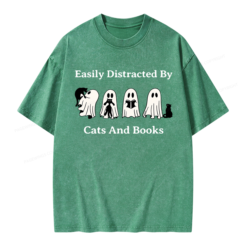 Pagewings Easily Distracted By Cats And Books Unisex Washed T-shirt