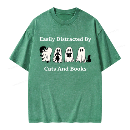 Pagewings Easily Distracted By Cats And Books Unisex Washed T-shirt