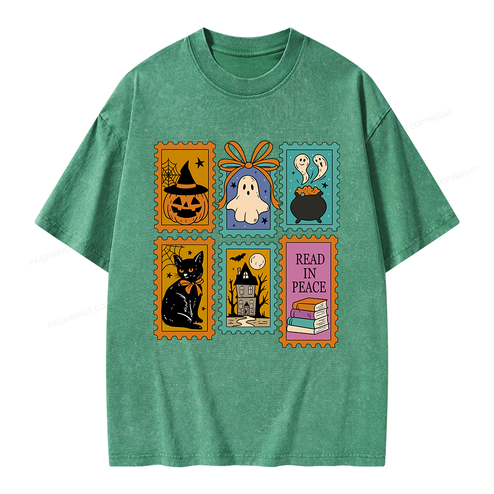 Pagewings Halloween Cute Ghost Pumpkin Cat Unisex Washed T-shirt