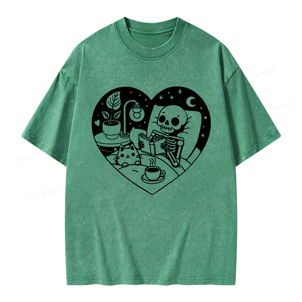Pagewings Reading Skeleton and Cat Unisex Washed T-shirt