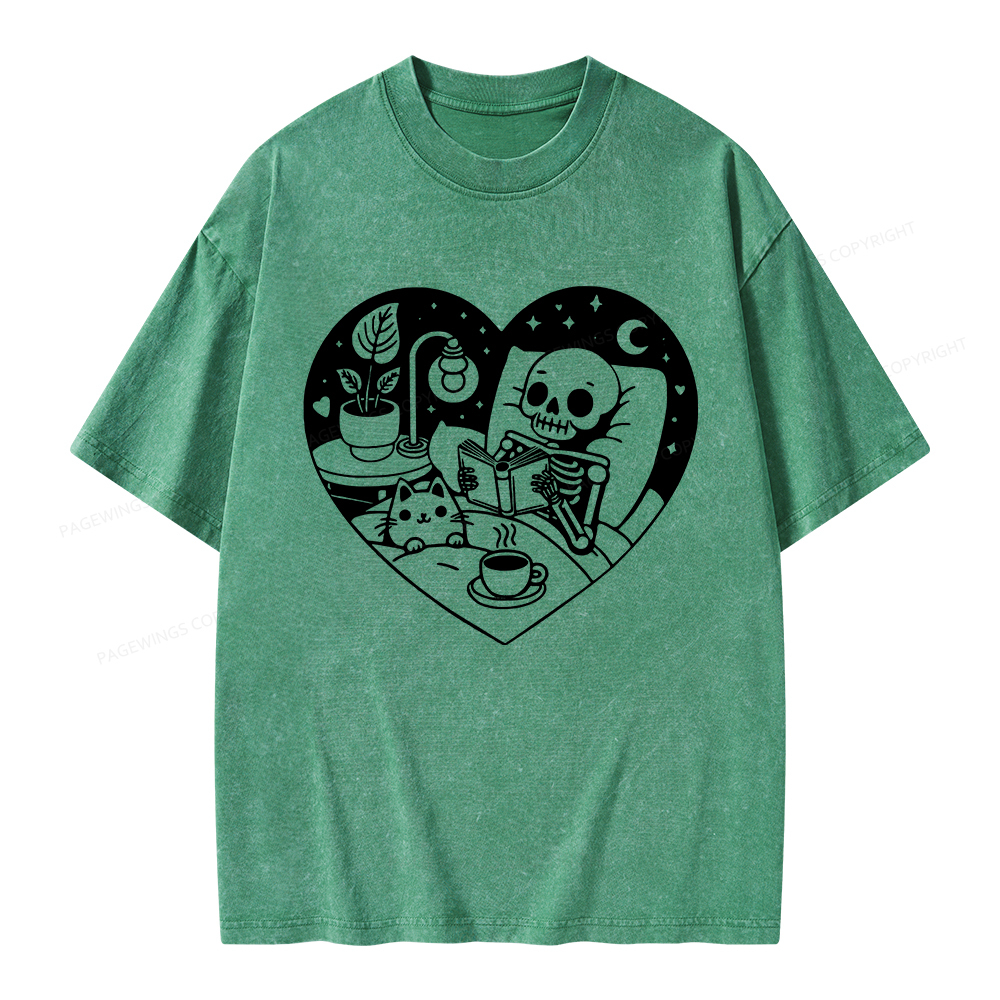 Pagewings Reading Skeleton and Cat Unisex Washed T-shirt