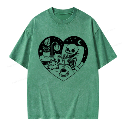 Pagewings Reading Skeleton and Cat Unisex Washed T-shirt