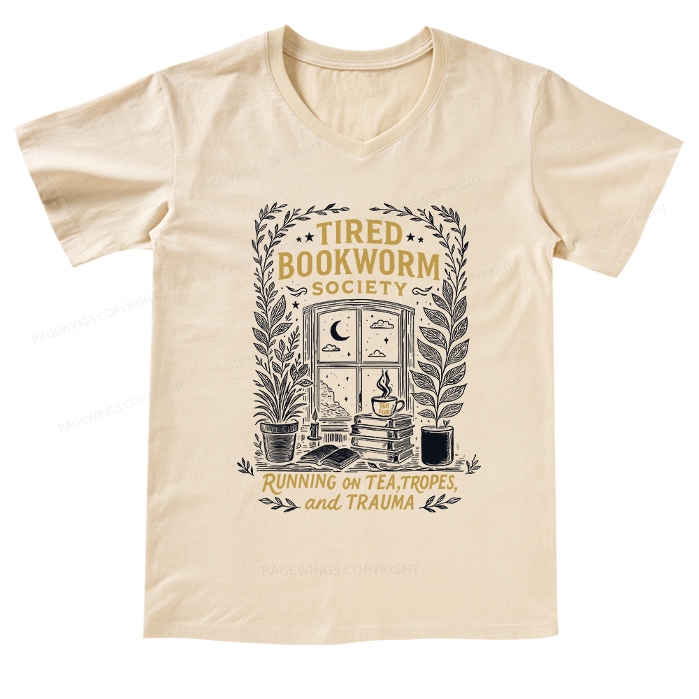 Pagewings Tired Bookworm Society V-neck T-shirt