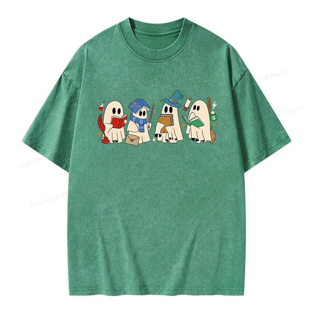 Pagewings Halloween Ghosts Reading Book Unisex Washed T-shirt