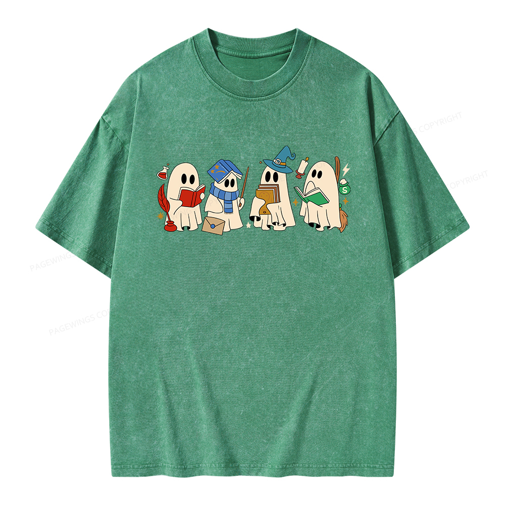 Pagewings Halloween Ghosts Reading Book Unisex Washed T-shirt