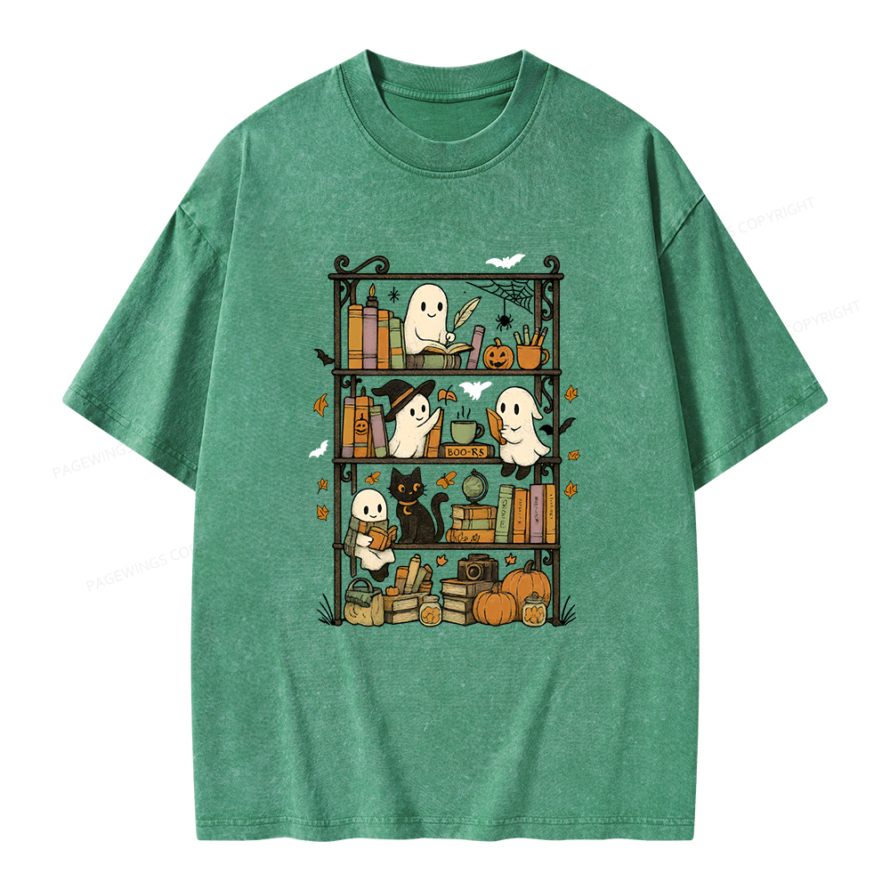 Pagewings Retro Halloween Bookshelf Unisex Washed T-shirt
