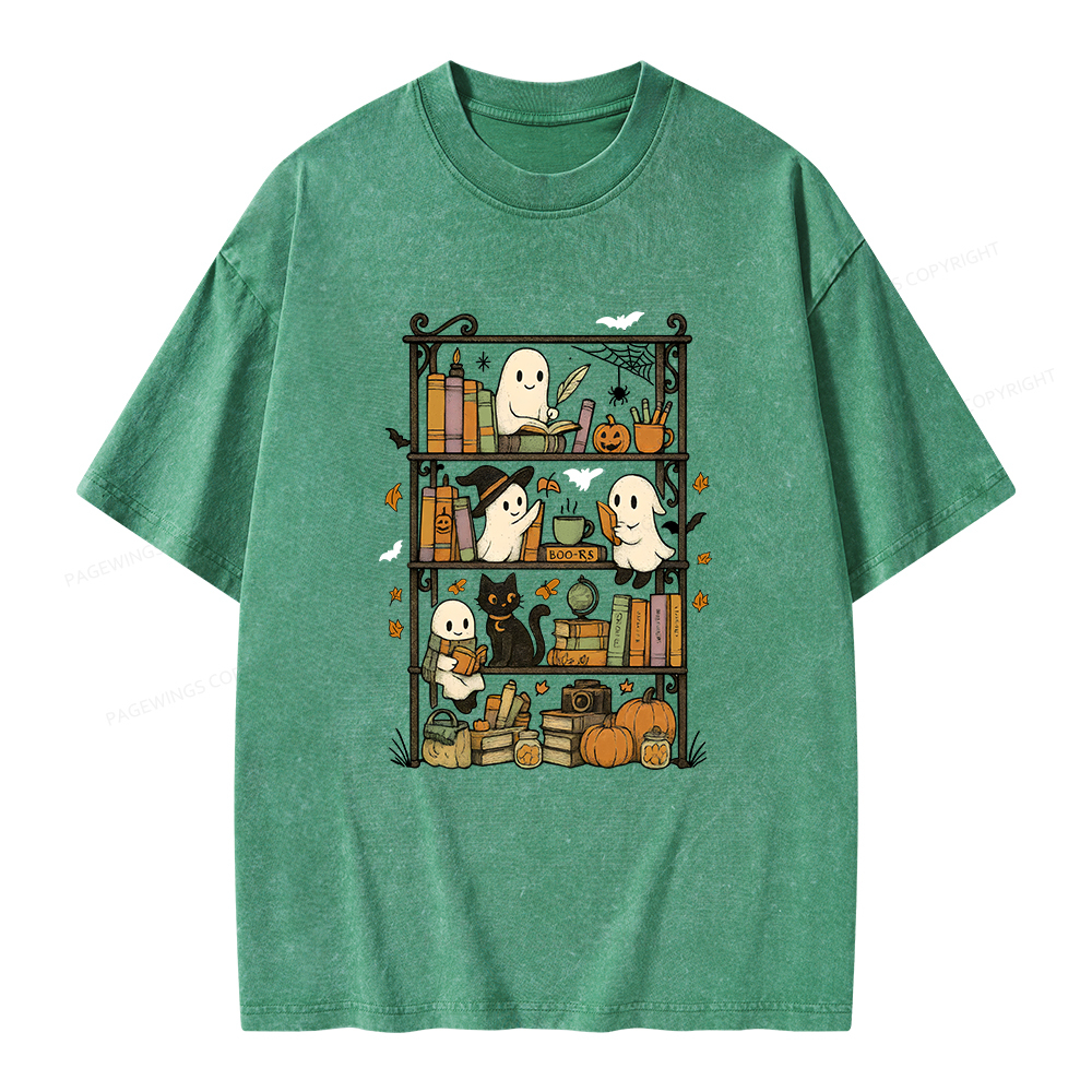 Pagewings Retro Halloween Bookshelf Unisex Washed T-shirt