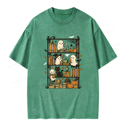 Pagewings Retro Halloween Bookshelf Unisex Washed T-shirt
