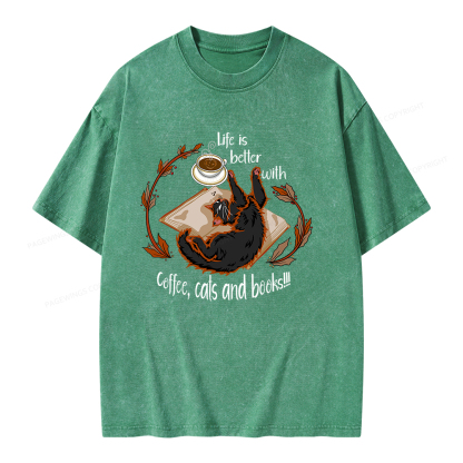 Pagewings Life Is Better With Coffee Cats And Books Unisex Washed T-shirt